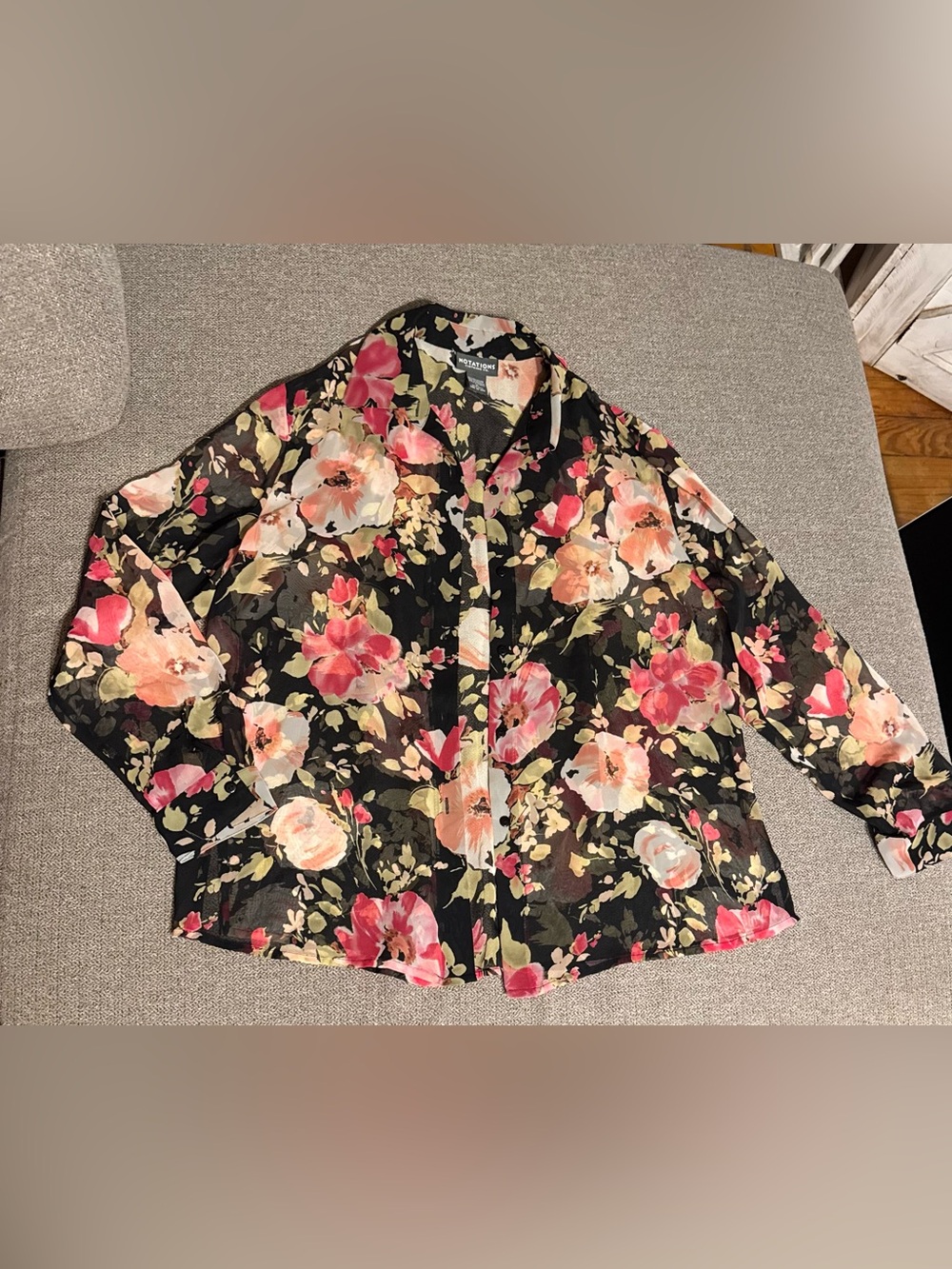Notations Black Sheer Floral Button-Down Shirt